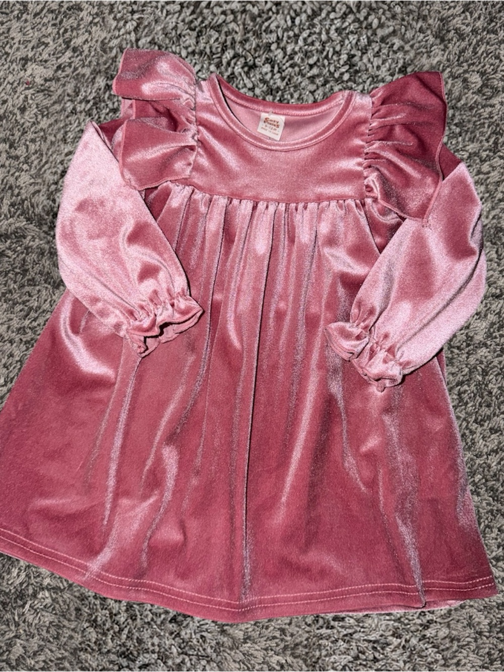 Girls' Pink Velvet Ruffle-Sleeve Dress